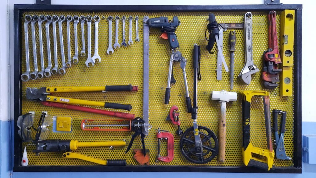Assorted tools organized on wall
