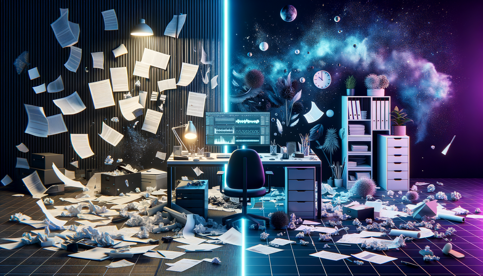 AI Time-Saving Contractors: Save 20 Hours Weekly 2 AI time-saving contractors - Hero: Split-screen chaos vs calm organized workspace