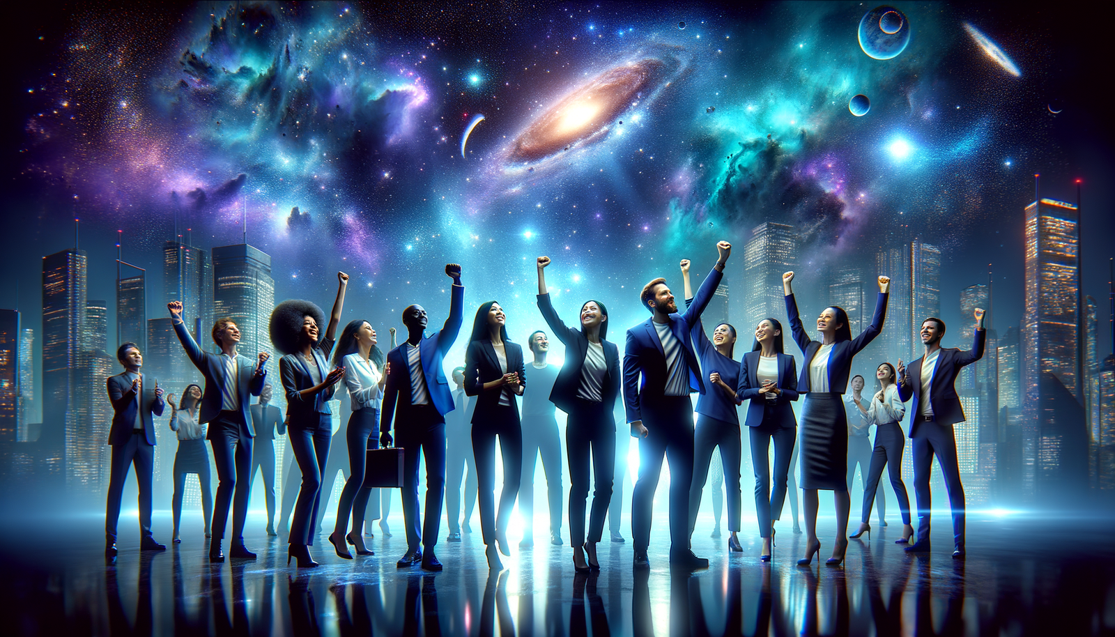 Job lifecycle management - Team celebrating success, inspiring and forward-looking