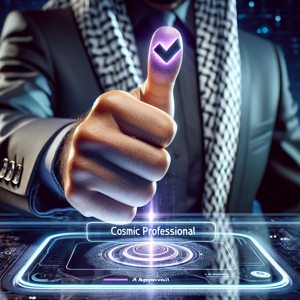 Discover Quantra For Tradesmen: Revolutionizing Trade Skills with Quantra AI 7 Quantra AI: Close up of a thumb pressing a 'Smart Approval' button on a screen, electric violet glow