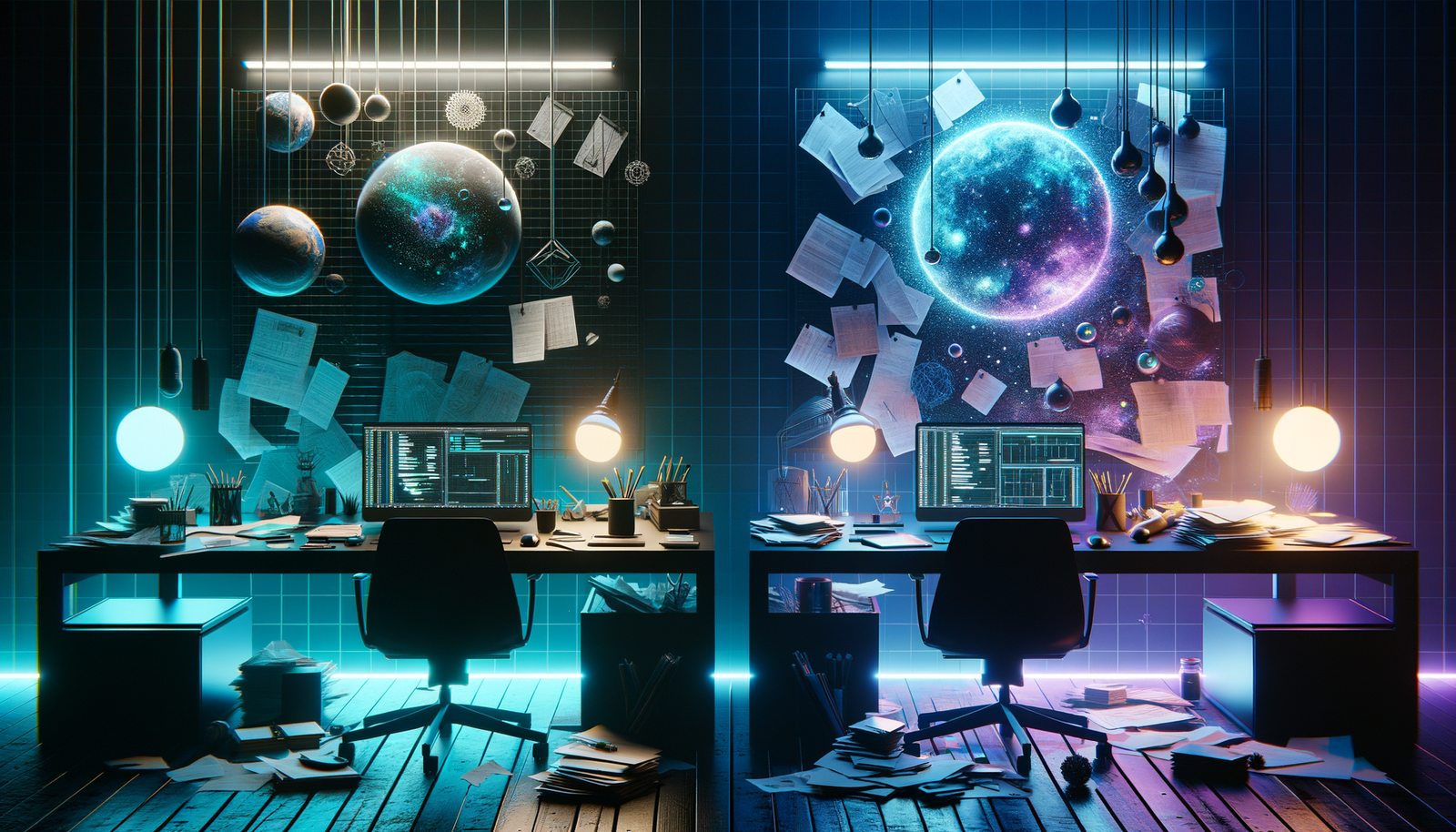 AI job scheduling - Hero: Split-screen chaos vs calm organized workspace