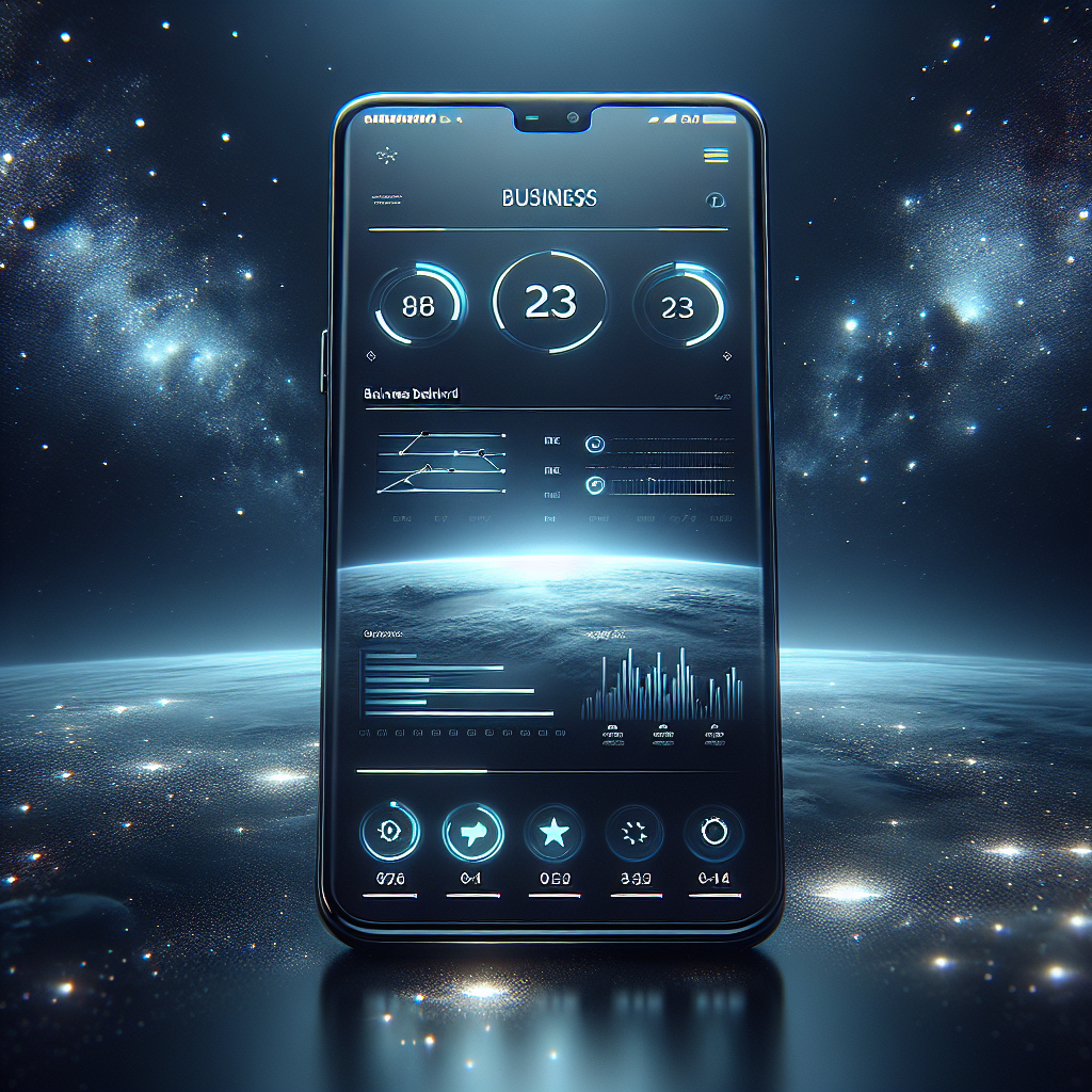 Discover Quantra For Tradesmen: Revolutionizing Trade Skills with Quantra AI 4 Quantra AI: A mobile phone showing a sleek dark-mode business dashboard floating in space, cosmic professional style