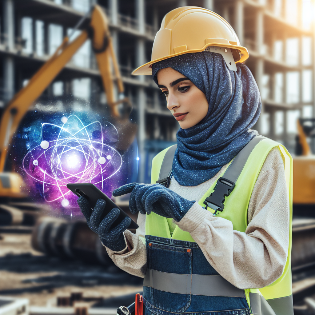 Discover Quantra For Tradesmen: Revolutionizing Trade Skills with Quantra AI 5 Quantra AI: Construction worker on a job site easily using the app with one hand, high quality photography
