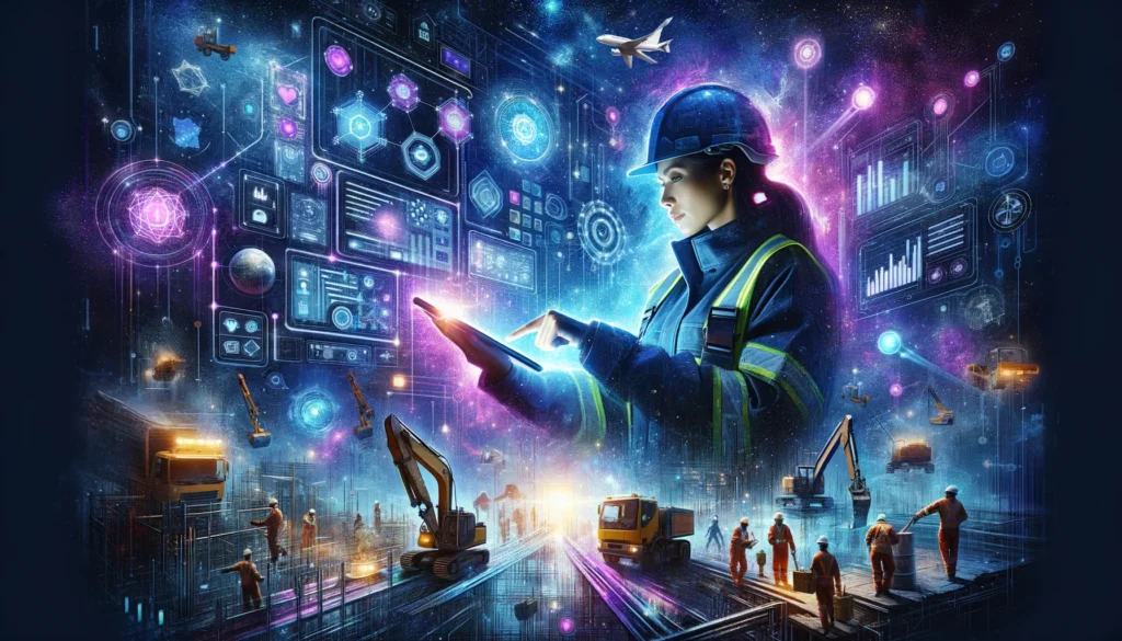 mobile business app - A vivid, detailed scene directly showing a contractor using a