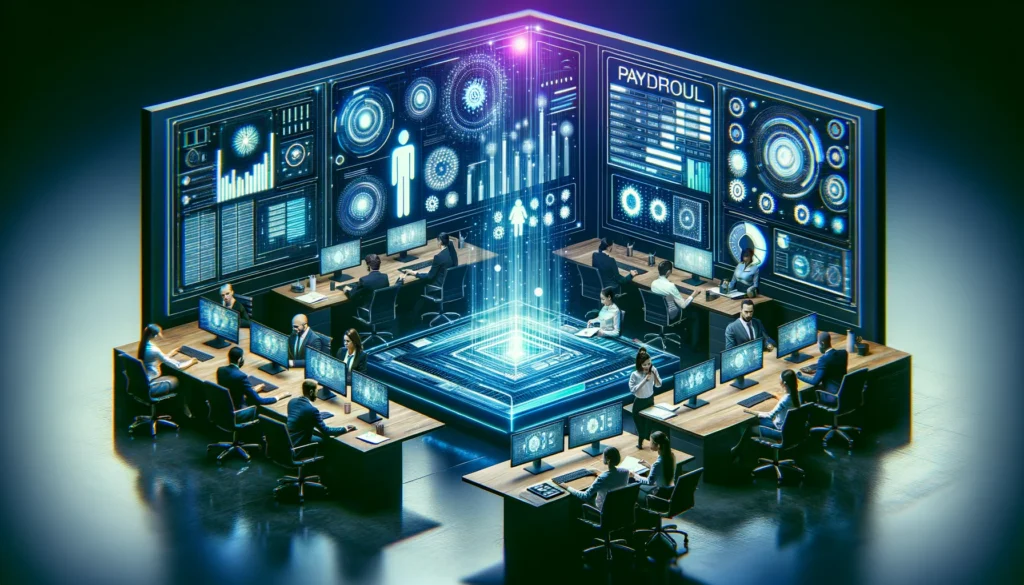 payroll software SMBs - A vivid, detailed scene directly showing a bustling SMB office