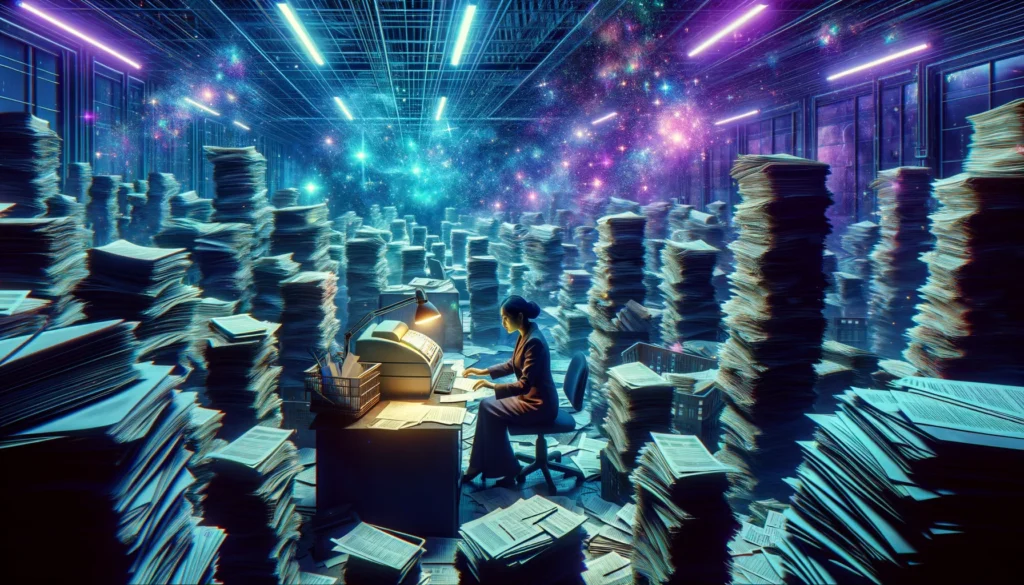 payroll software SMBs - Scene illustrating a chaotic SMB office with stacks of paper